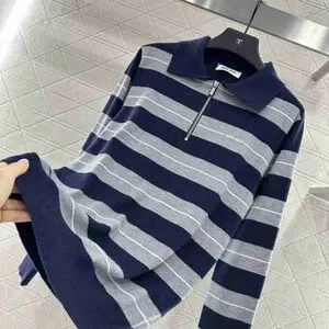 Miu Miu Women's Zip Up Sweater - Navy and Gray Stripes